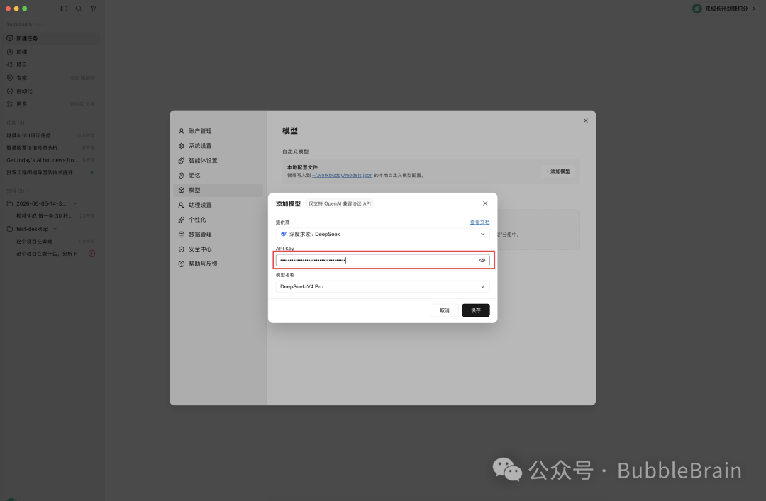 将 API Key 填入 WorkBuddy