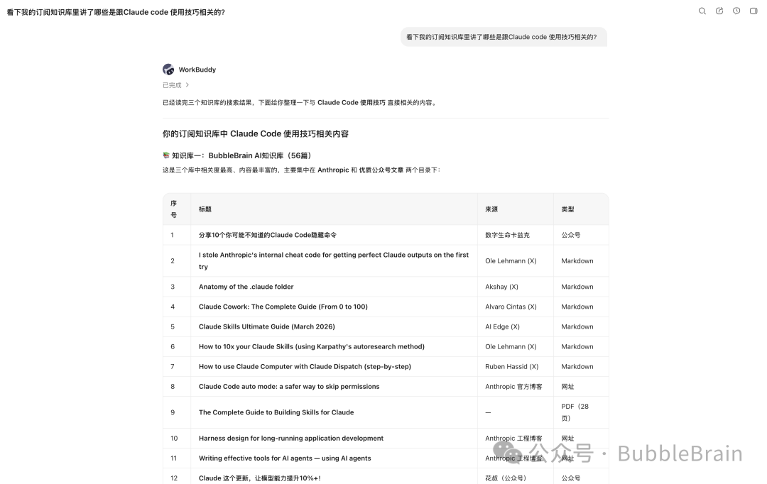 让 WorkBuddy 查找知识库中的相关文章